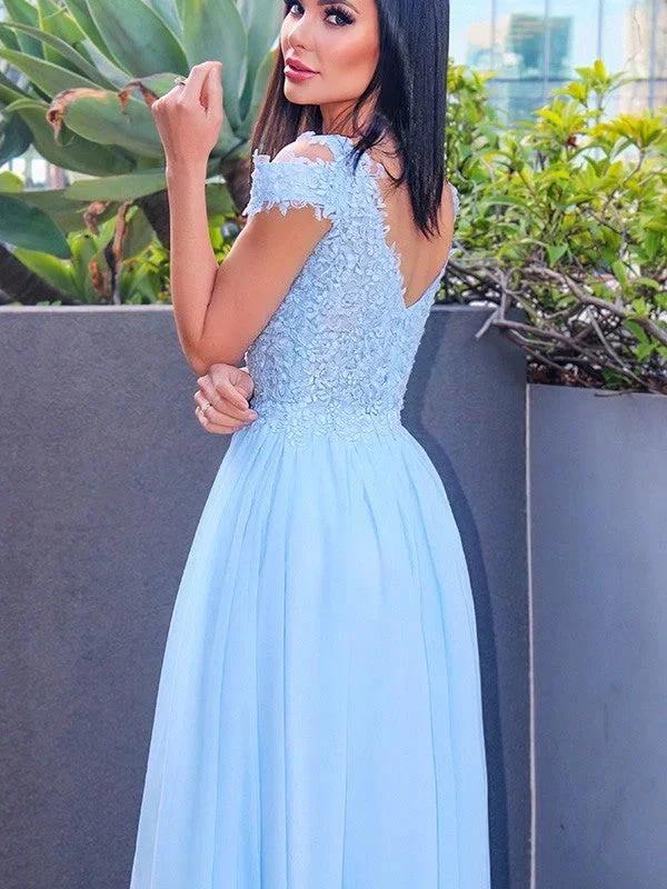 A-Line/Elegant Floor-Length Off-the-Shoulder Sleeveless Chiffon Applique Prom Dresses - Image 3