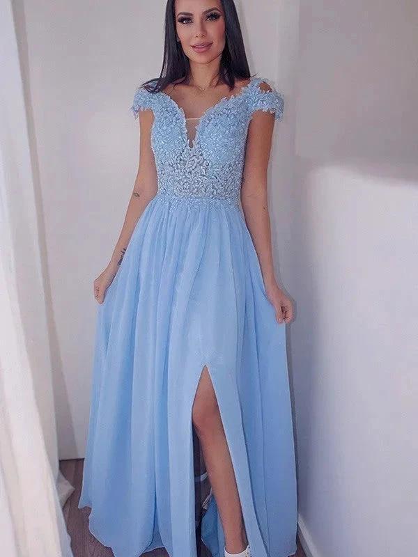 A-Line/Elegant Floor-Length Off-the-Shoulder Sleeveless Chiffon Applique Prom Dresses - Image 4