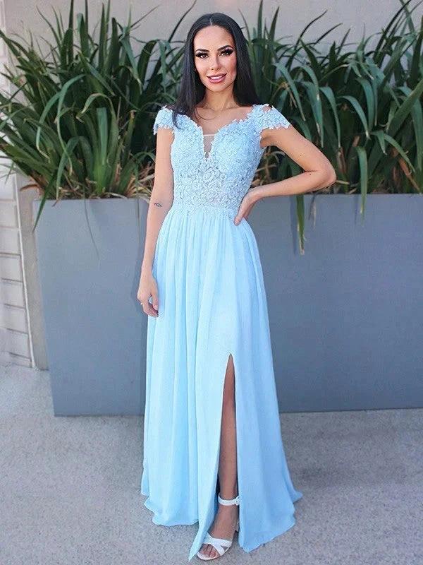 A-Line/Elegant Floor-Length Off-the-Shoulder Sleeveless Chiffon Applique Prom Dresses - Image 5