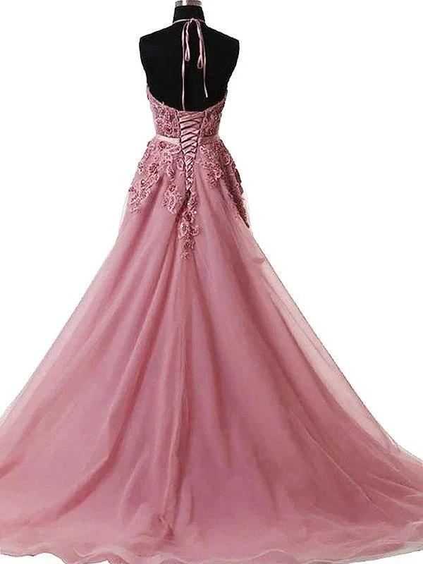 A-Line/Elegant Halter Sleeveless Applique Tulle Prom Dresses - Image 2