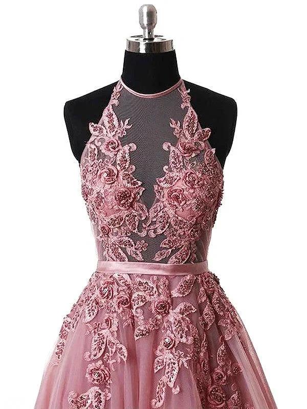 A-Line/Elegant Halter Sleeveless Applique Tulle Prom Dresses - Image 3