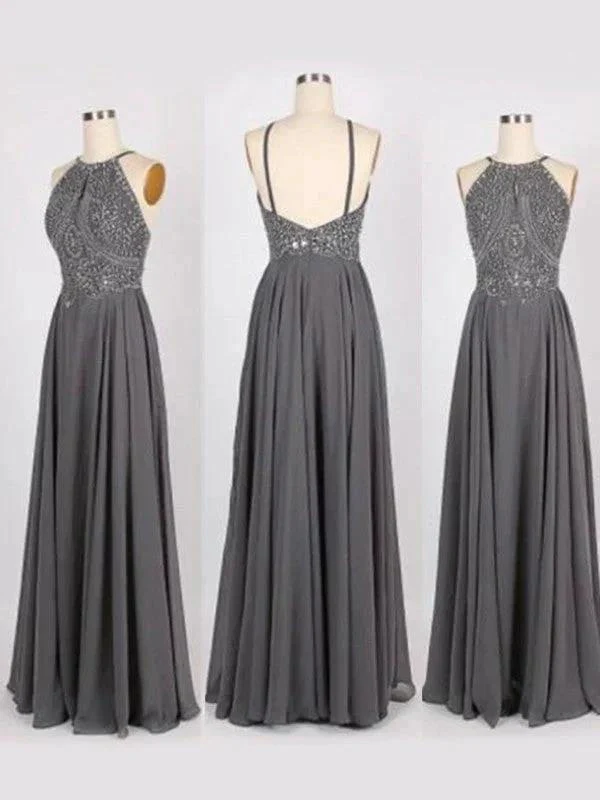 A-Line/Elegant Halter Sleeveless Beading Chiffon Prom Dresses - Image 2