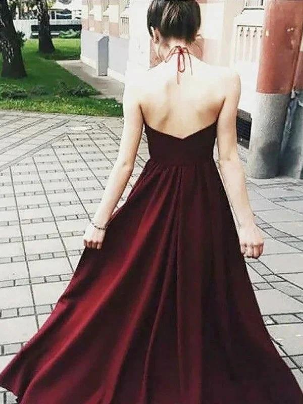A-Line/Elegant Halter Sleeveless Floor-Length Applique Elastic Woven Satin Prom Dresses - Image 2