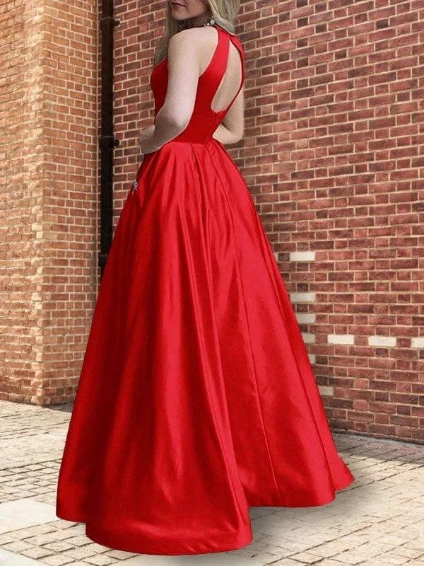 A-Line/Elegant Halter Sleeveless Floor-Length Beading Satin Prom Dresses - Image 2