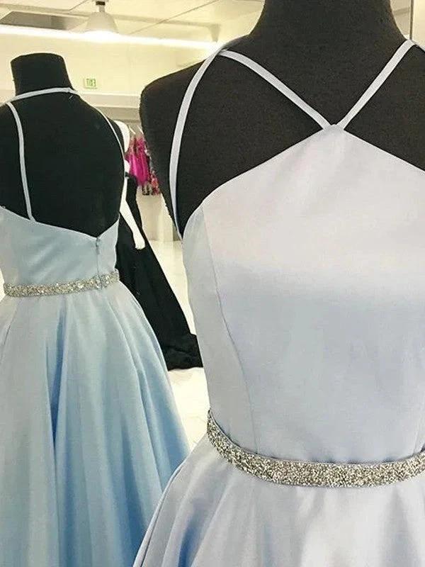 A-Line/Elegant Halter Sleeveless Floor-Length Satin Prom Dresses - Image 2