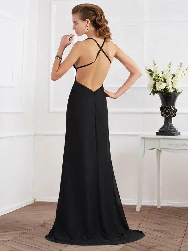 A-Line/Elegant Halter Sleeveless Long Chiffon Prom Dresses - Image 2