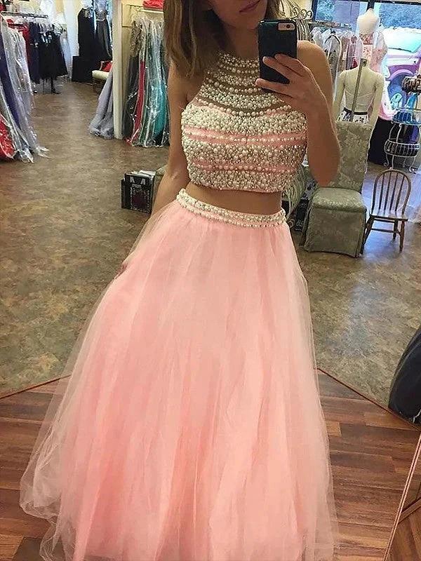 A-Line/Elegant Halter Sleeveless Tulle Floor-Length Beading Two Piece Prom Dresses - Image 2