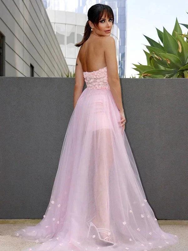 A-Line/Elegant Hand-Made Flower Tulle Sleeveless Sweetheart Prom Dresses - Image 3
