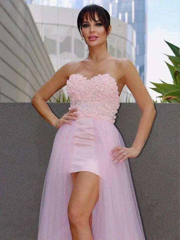 A-Line/Elegant Hand-Made Flower Tulle Sleeveless Sweetheart Prom Dresses - Image 5