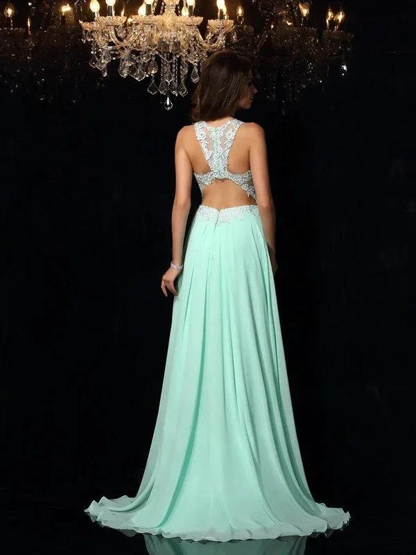 A-Line/Elegant High Neck Applique Sleeveless Long Chiffon Prom Dresses - Image 2