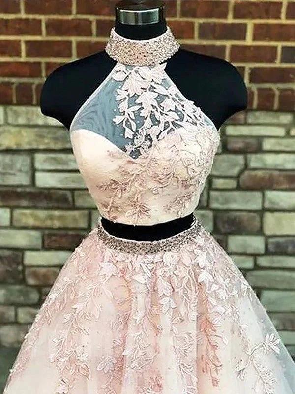A-Line/Elegant High Neck Sleeveless Applique Tulle Two Piece Prom Dresses - Image 2