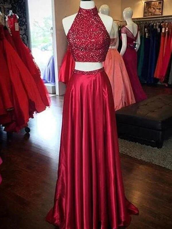 A-Line/Elegant High Neck Sleeveless Silk like Satin Taffeta Prom Dresses - Image 2