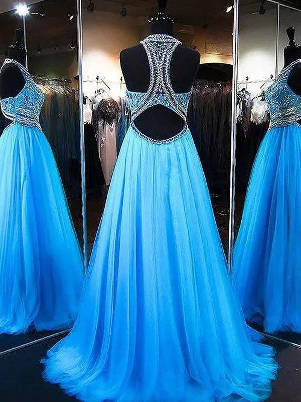 A-Line/Elegant Jewel Sleeveless Beading Tulle Prom Dresses - Image 2