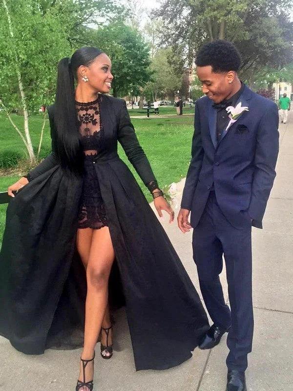 A-Line/Elegant Long Sleeves Jewel Lace Satin Prom Dresses - Image 2