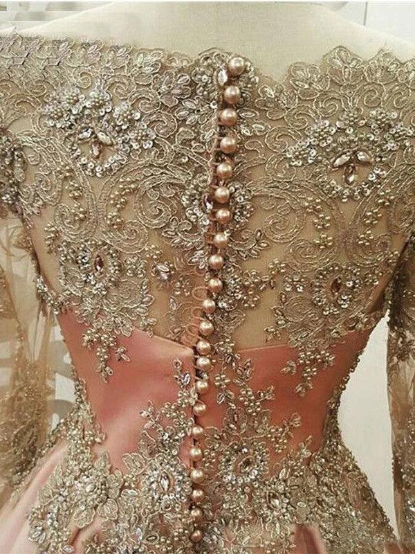 A-Line/Elegant Long Sleeves Scoop Floor-Length Applique Tulle Muslim Prom Dresses - Image 2