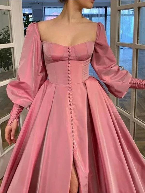 A-Line/Elegant Long Sleeves Square Ruffles Satin Floor-Length Prom Dresses - Image 2