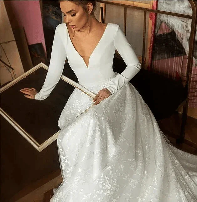 A Line Elegant Long Sleeves V Neck Beach Wedding Dress Bridal Gown  WD551 - Image 3