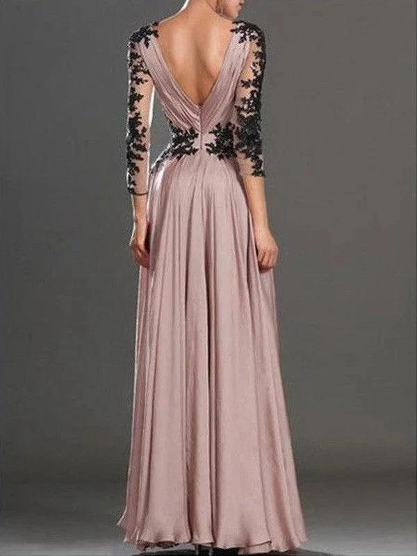 A-Line/Elegant Long Sleeves V-neck Chiffon Applique Floor-Length Prom Dresses - Image 2