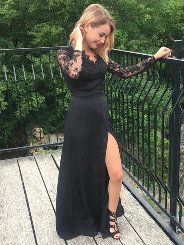 A-Line/Elegant Long Sleeves V-neck Floor-Length Lace Chiffon Applique Prom Dresses - Image 2