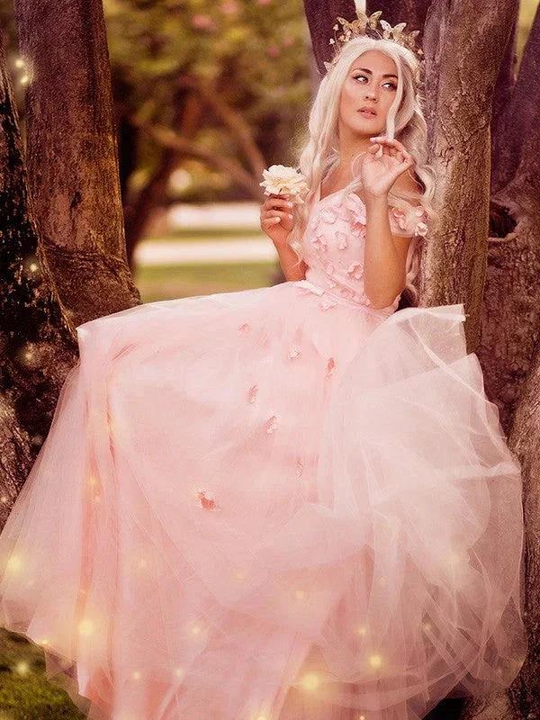 A-Line/Elegant Off-the-Shoulder Applique Tulle Sleeveless Floor-Length Prom Dresses - Image 2