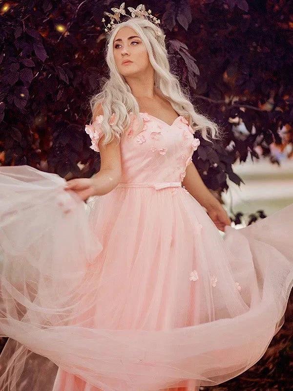 A-Line/Elegant Off-the-Shoulder Applique Tulle Sleeveless Floor-Length Prom Dresses - Image 3