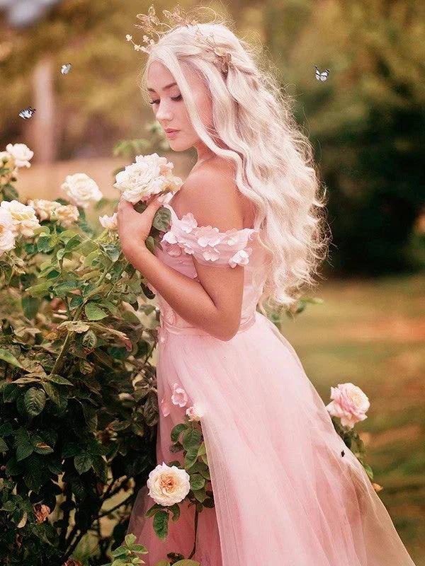 A-Line/Elegant Off-the-Shoulder Applique Tulle Sleeveless Floor-Length Prom Dresses - Image 5