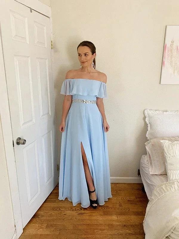 A-Line/Elegant Off-the-Shoulder Beading Chiffon Floor-Length Sleeveless Prom Dresses - Image 2