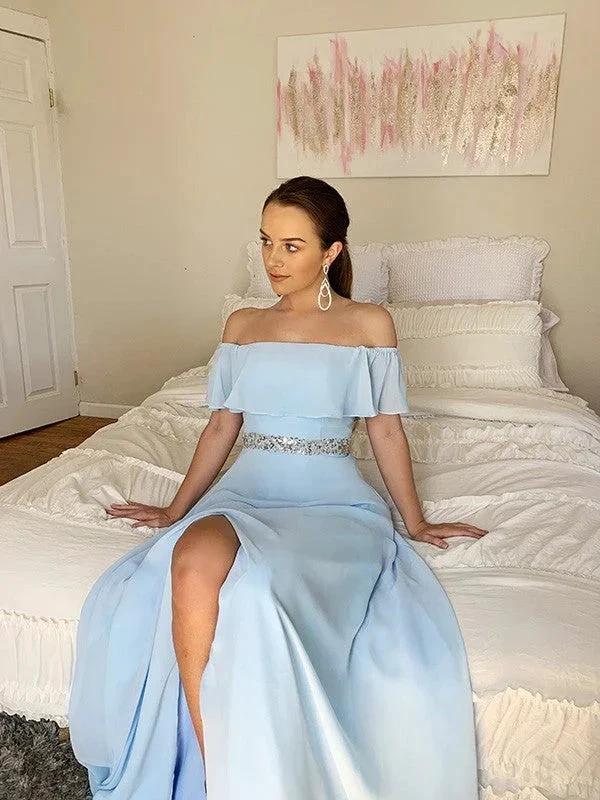 A-Line/Elegant Off-the-Shoulder Beading Chiffon Floor-Length Sleeveless Prom Dresses - Image 4