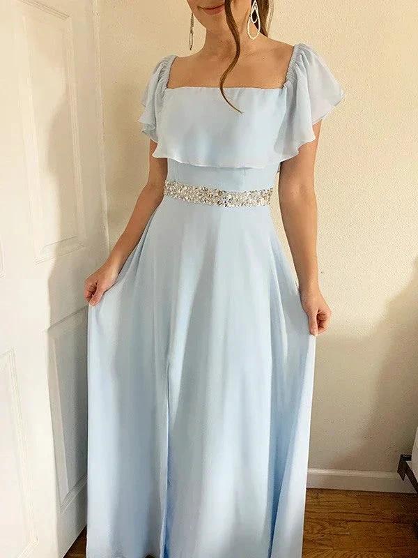 A-Line/Elegant Off-the-Shoulder Beading Chiffon Floor-Length Sleeveless Prom Dresses - Image 6