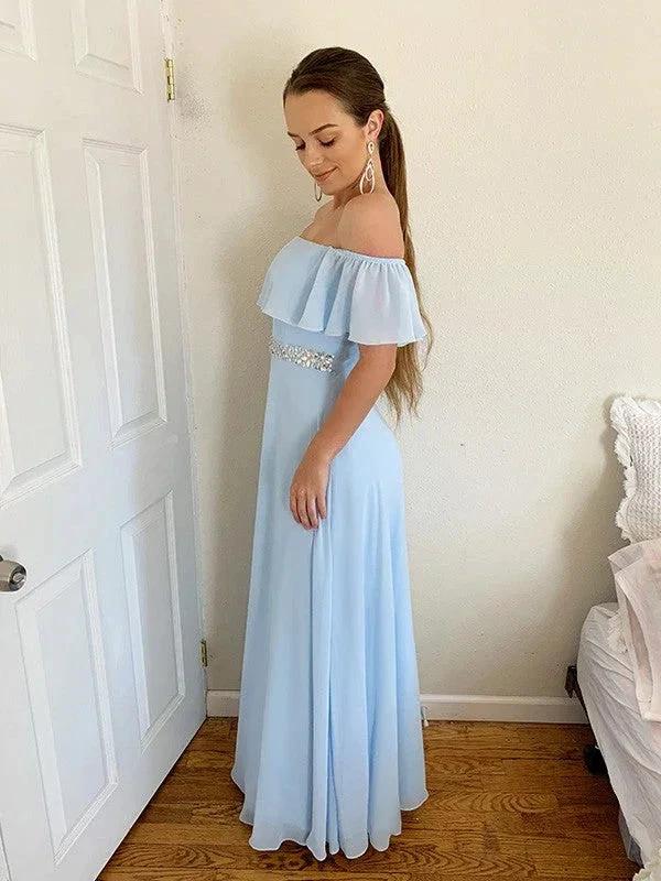 A-Line/Elegant Off-the-Shoulder Beading Chiffon Floor-Length Sleeveless Prom Dresses - Image 8