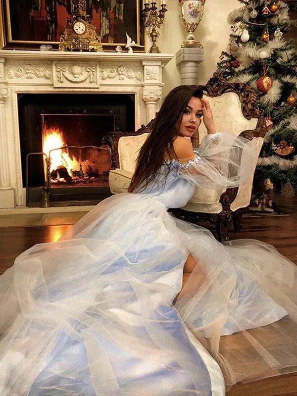 A-Line/Elegant Off-the-Shoulder Beading Long Sleeves Floor-Length Tulle Prom Dresses - Image 2