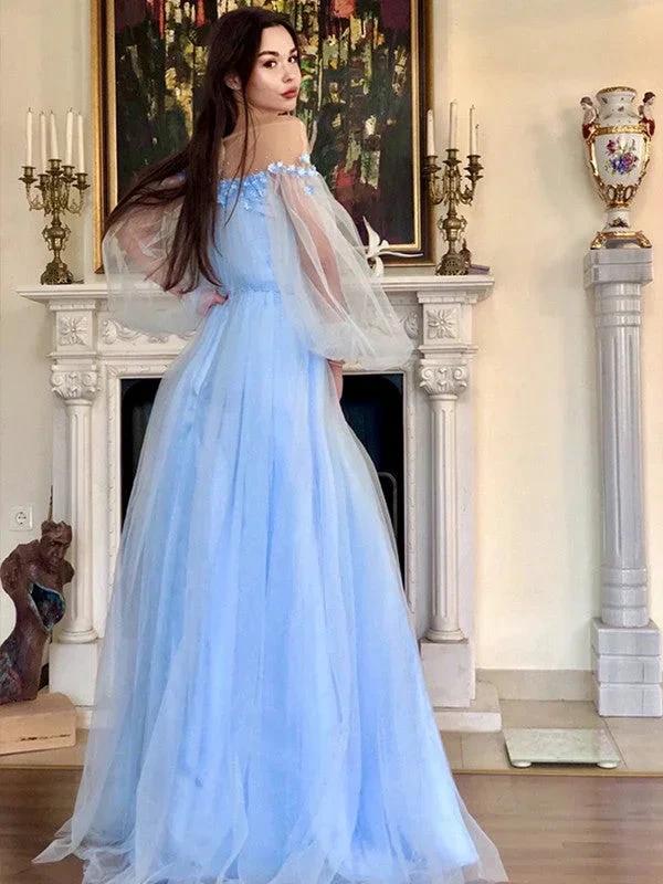 A-Line/Elegant Off-the-Shoulder Beading Long Sleeves Floor-Length Tulle Prom Dresses - Image 3
