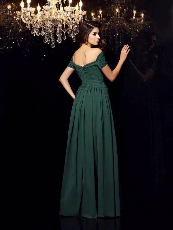 A-Line/Elegant Off-the-Shoulder Ruched Sleeveless Long Chiffon Prom Dresses - Image 2