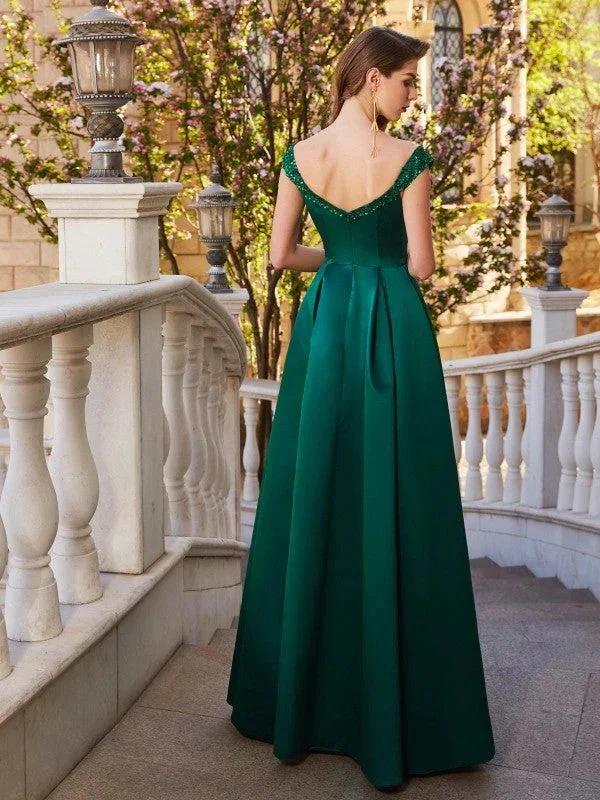 A-Line/Elegant Off-the-Shoulder Sequin Sleeveless Satin Floor-Length Prom Dresses - Image 2