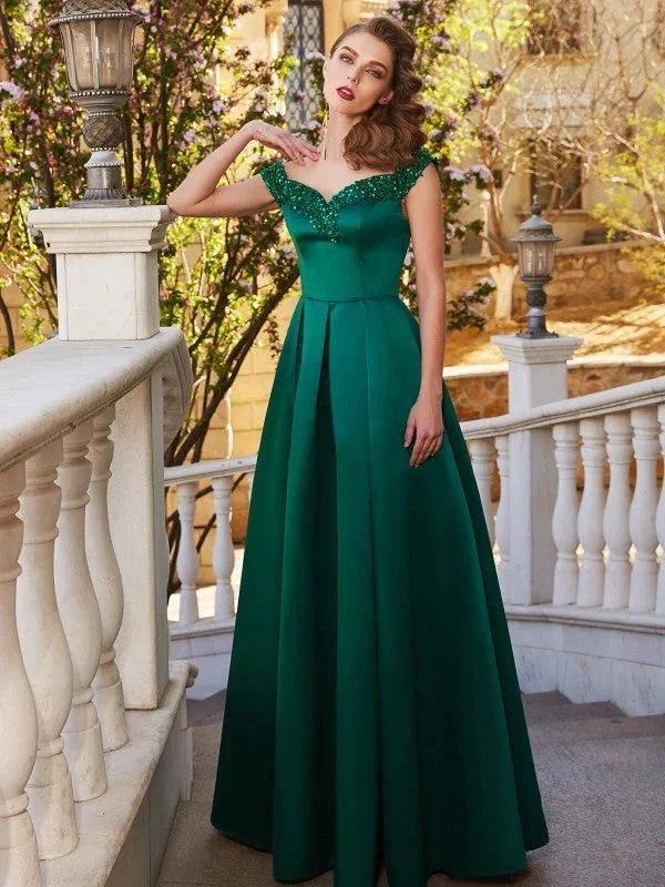 A-Line/Elegant Off-the-Shoulder Sequin Sleeveless Satin Floor-Length Prom Dresses - Image 5