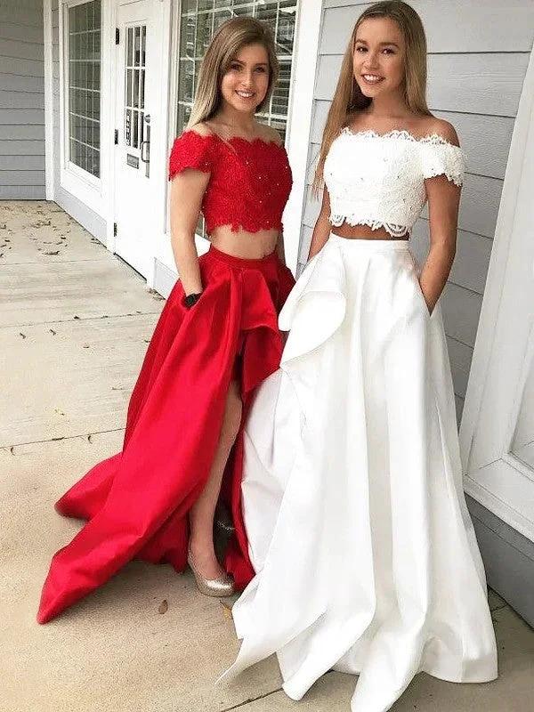 A-Line/Elegant Off-the-Shoulder Sleeveless Lace Satin Two Piece Prom Dresses - Image 2