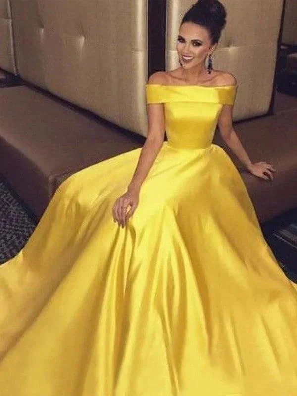 A-Line/Elegant Off-the-Shoulder Sleeveless Ruffles Satin Prom Dresses - Image 2