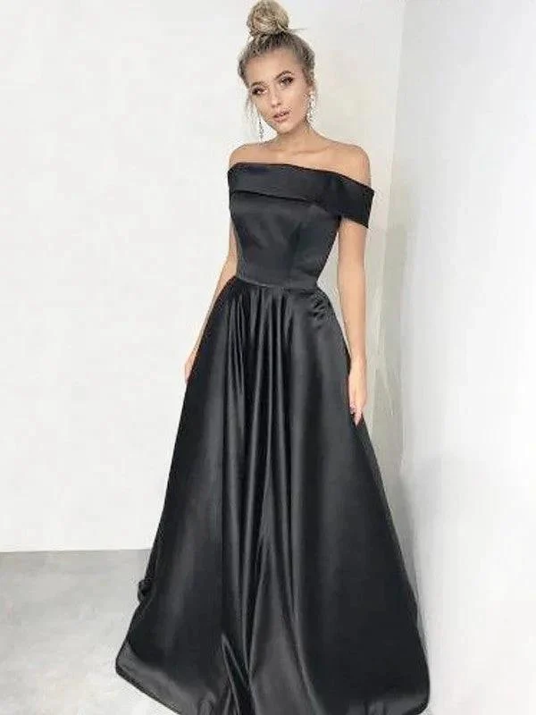 A-Line/Elegant Off-the-Shoulder Sleeveless Ruffles Satin Prom Dresses - Image 3