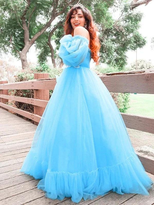 A-Line/Elegant Off-the-Shoulder Tulle Applique Long Sleeves Floor-Length Prom Dresses - Image 2