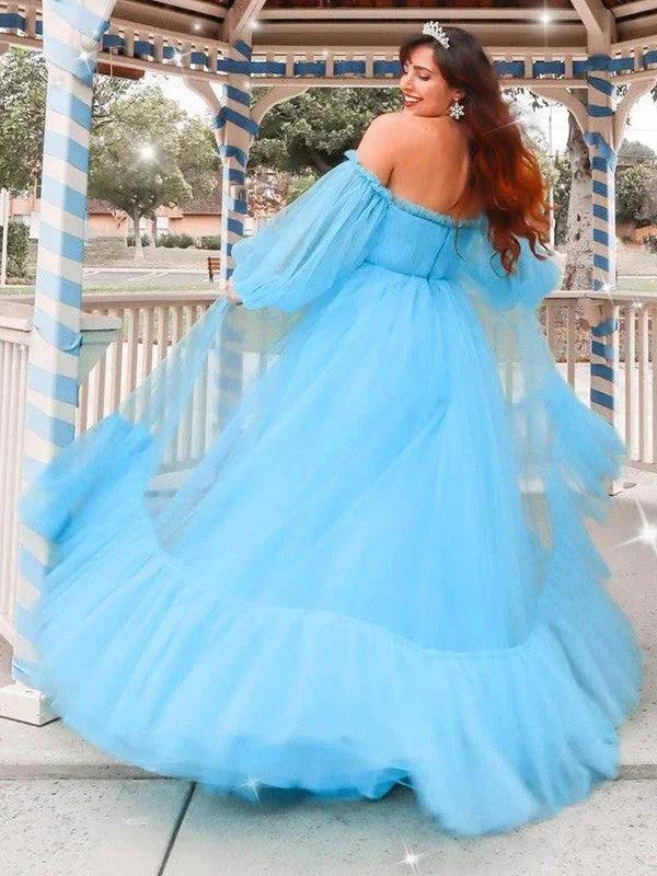 A-Line/Elegant Off-the-Shoulder Tulle Applique Long Sleeves Floor-Length Prom Dresses - Image 3