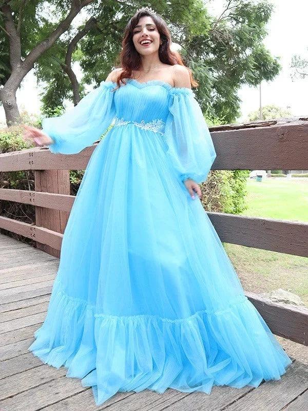 A-Line/Elegant Off-the-Shoulder Tulle Applique Long Sleeves Floor-Length Prom Dresses - Image 4