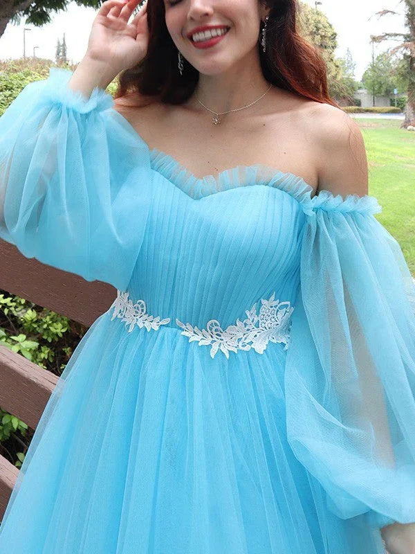 A-Line/Elegant Off-the-Shoulder Tulle Applique Long Sleeves Floor-Length Prom Dresses - Image 5