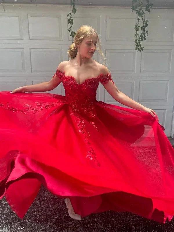 A-Line/Elegant Off-the-Shoulder Tulle Applique Sleeveless Floor-Length Prom Dresses - Image 2