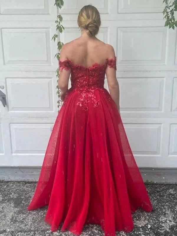 A-Line/Elegant Off-the-Shoulder Tulle Applique Sleeveless Floor-Length Prom Dresses - Image 3