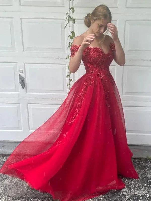 A-Line/Elegant Off-the-Shoulder Tulle Applique Sleeveless Floor-Length Prom Dresses - Image 4