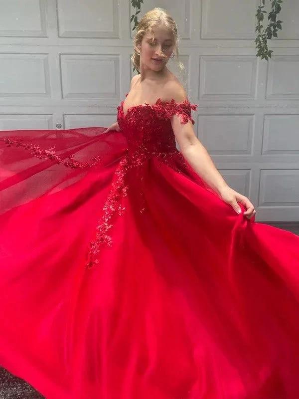 A-Line/Elegant Off-the-Shoulder Tulle Applique Sleeveless Floor-Length Prom Dresses - Image 5