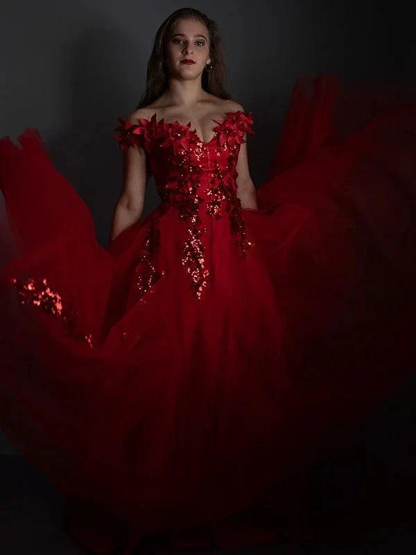A-Line/Elegant Off-the-Shoulder Tulle Applique Sleeveless Floor-Length Prom Dresses - Image 6