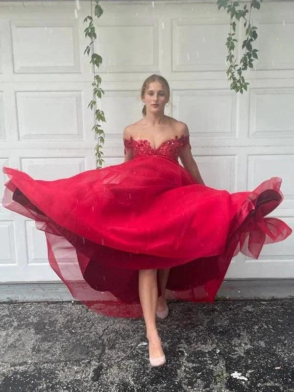 A-Line/Elegant Off-the-Shoulder Tulle Applique Sleeveless Floor-Length Prom Dresses - Image 7