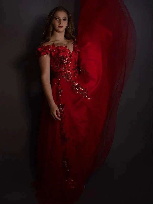 A-Line/Elegant Off-the-Shoulder Tulle Applique Sleeveless Floor-Length Prom Dresses - Image 8