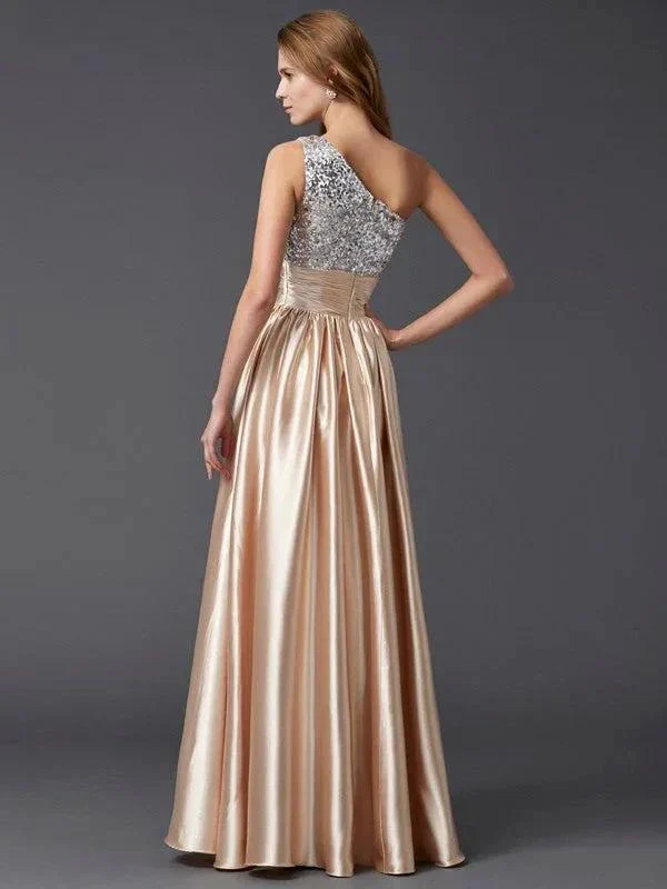 A-Line/Elegant One-Shoulder Sleeveless Paillette Long Elastic Woven Satin Prom Dresses - Image 2
